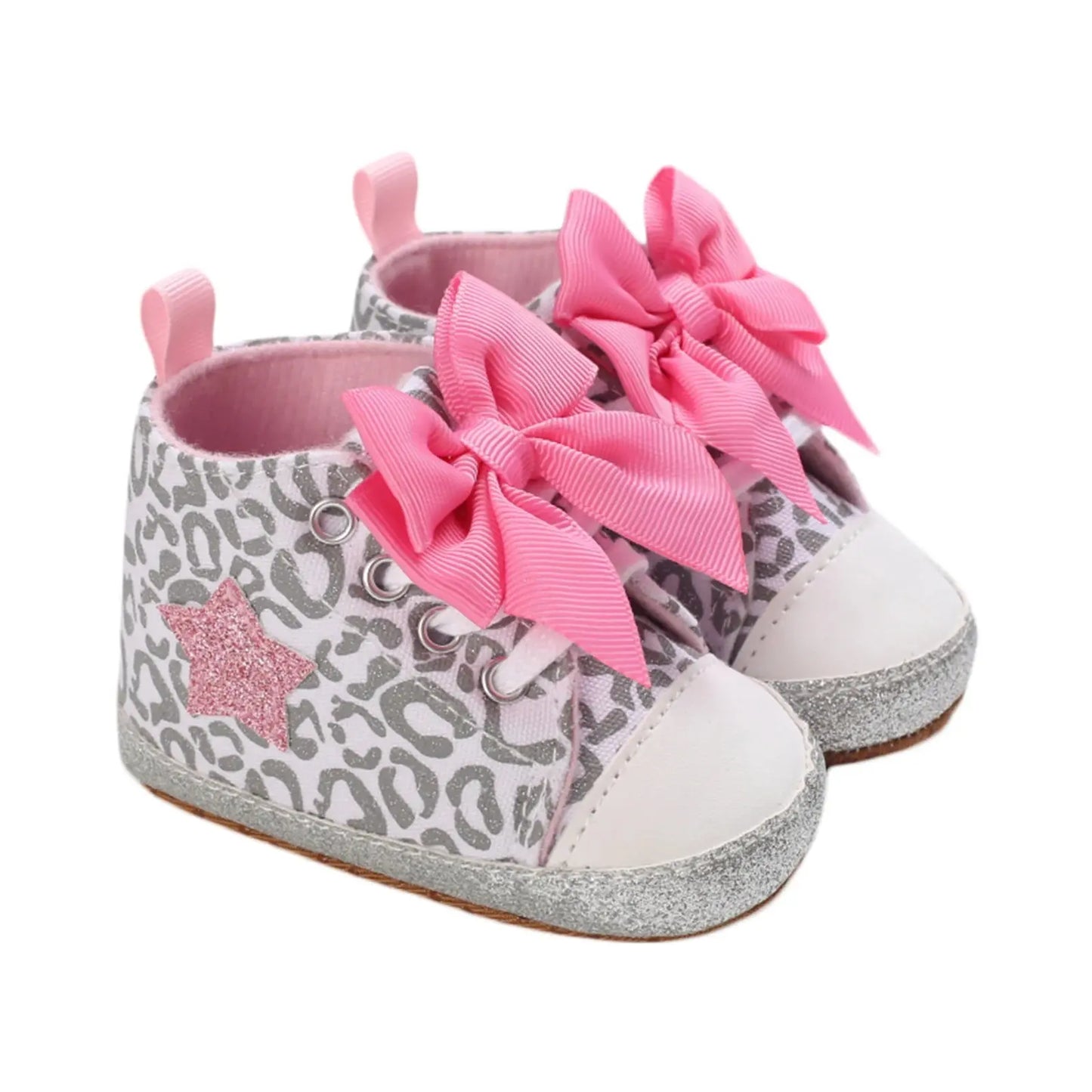 Lioraitiin 0-12M Newborn Baby Girl Boys Shoes Leopard / Star Printed Bowknot Walking Soft-Soled First Walker Shoes