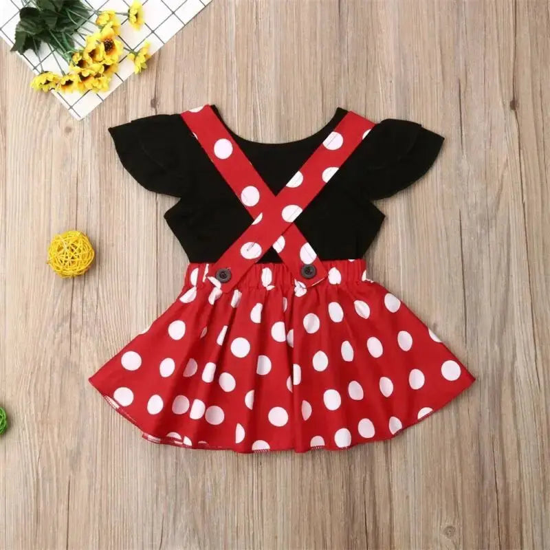 2019 Baby Summer Clothing Toddler Kid Baby Girls Solid Tops T-shirt+Bowknot Suspender Dots Print Skirt 2PCS Outfit Clothes 6M-3T
