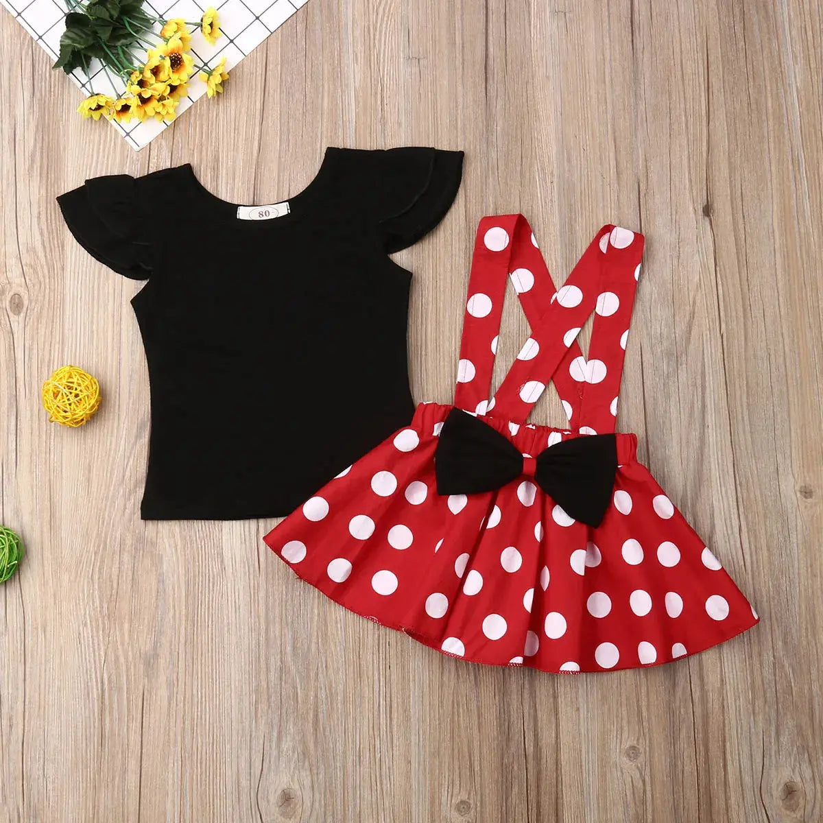 2019 Baby Summer Clothing Toddler Kid Baby Girls Solid Tops T-shirt+Bowknot Suspender Dots Print Skirt 2PCS Outfit Clothes 6M-3T
