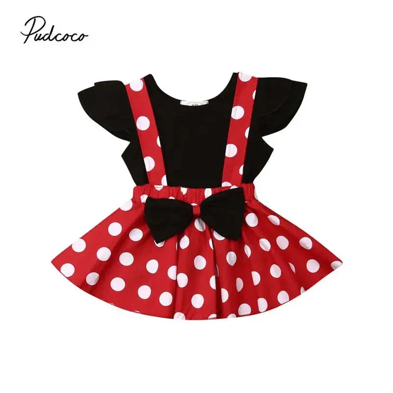 2019 Baby Summer Clothing Toddler Kid Baby Girls Solid Tops T-shirt+Bowknot Suspender Dots Print Skirt 2PCS Outfit Clothes 6M-3T