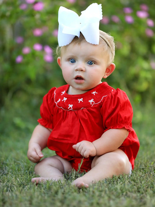 Girls Bow Smocking Embroidered Red Romper Rylee Faith Designs