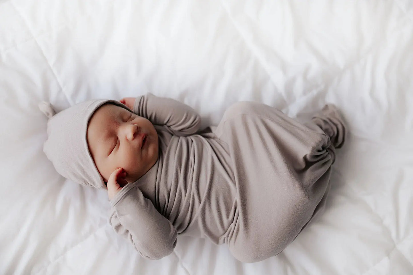 Harbor Mist Neutral Knotted Newborn Baby Gown Three Little Tots