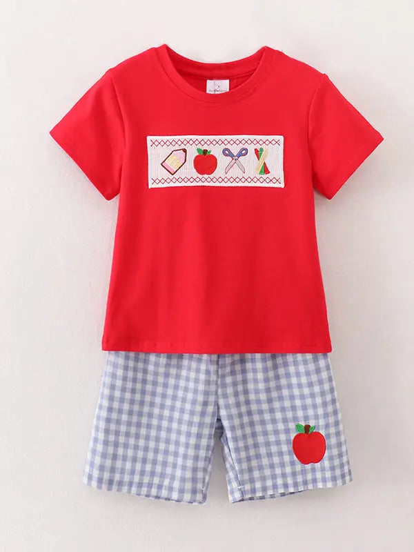 Boys Back to School Pencil Apple Applique Plaid Shorts Set Rylee Faith Designs