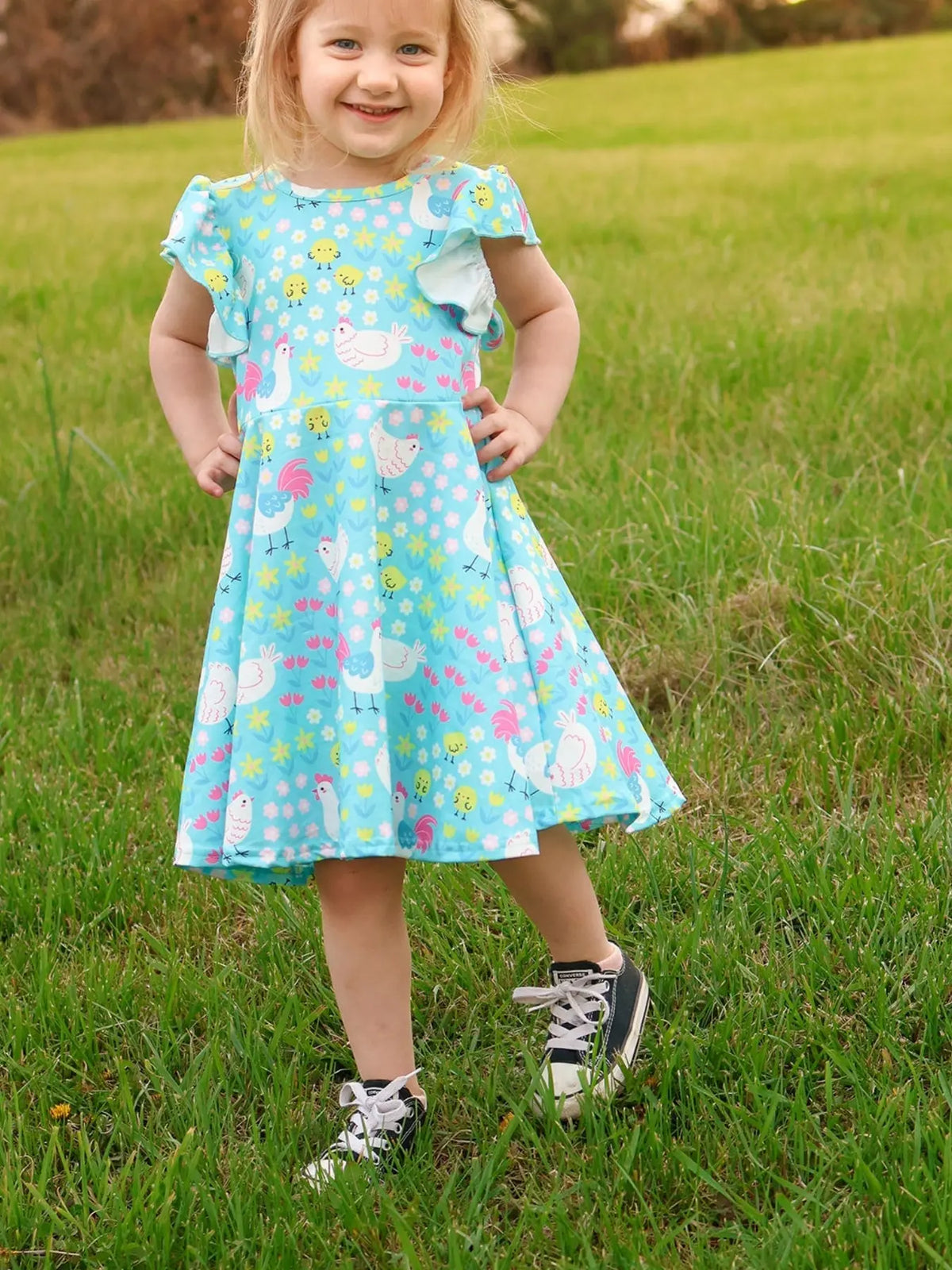 Aqua Spring Chicken Floral Farm Print Girls Dress