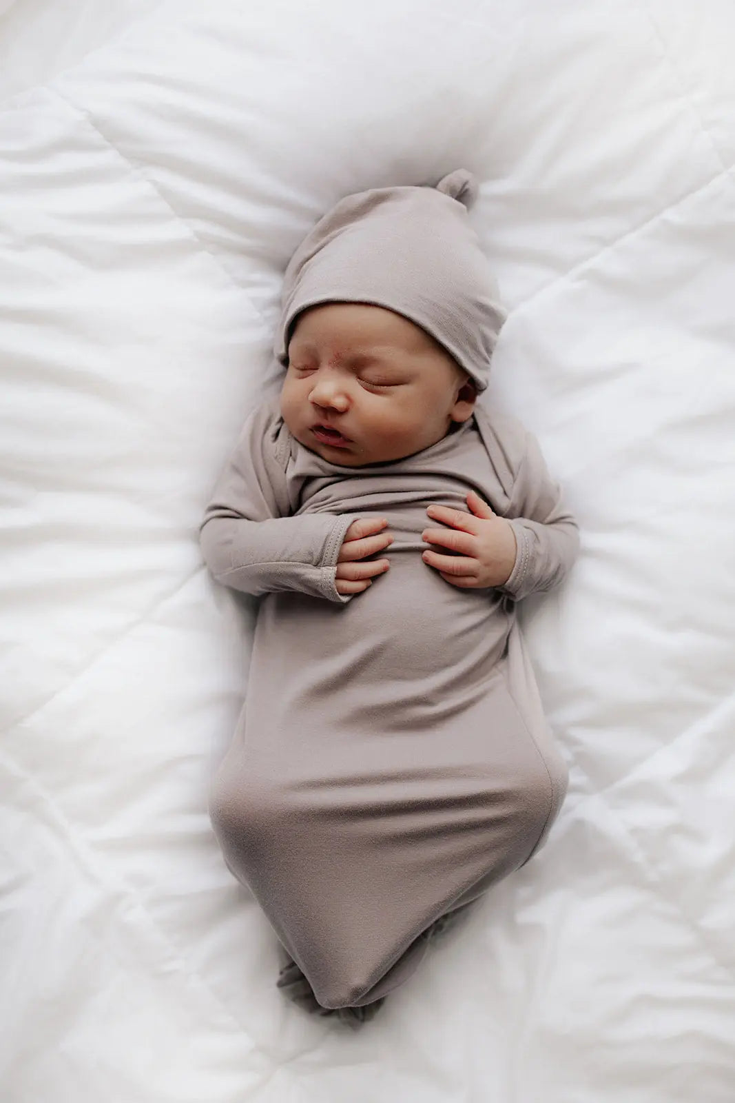 Harbor Mist Neutral Knotted Newborn Baby Gown Three Little Tots