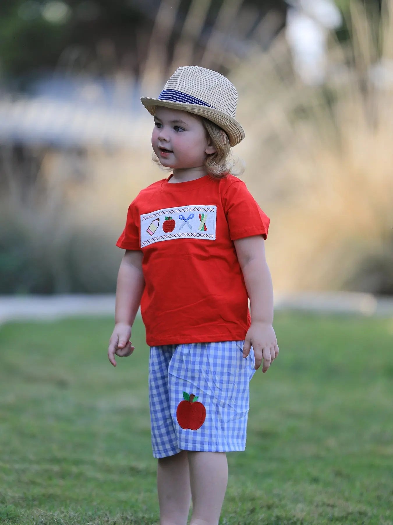 Boys Back to School Pencil Apple Applique Plaid Shorts Set Rylee Faith Designs