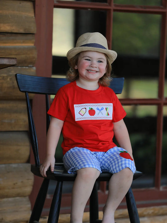 Boys Back to School Pencil Apple Applique Plaid Shorts Set Rylee Faith Designs