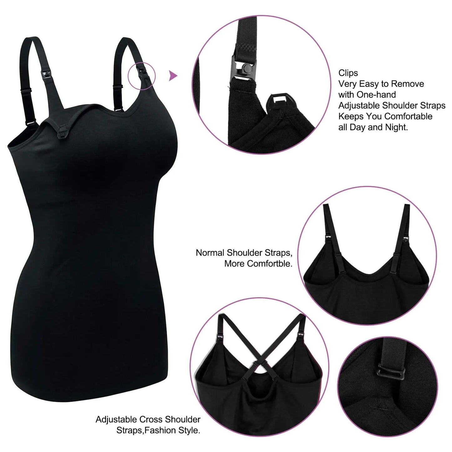 Womens Maternity Nursing Tank Cami for Breastfeeding with Adjustable Straps Black+grey Small