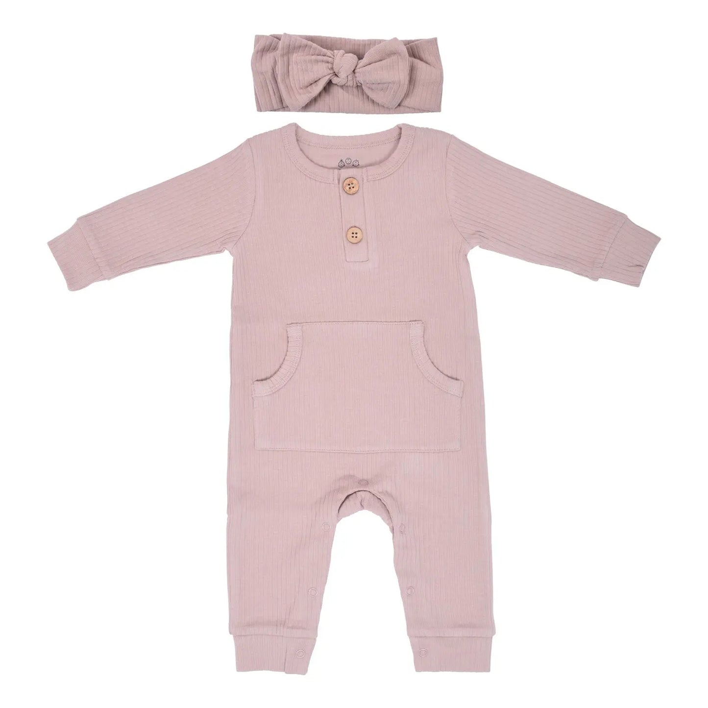 Mauve Baby Ribbed Playsuit with pockets Three Little Tots