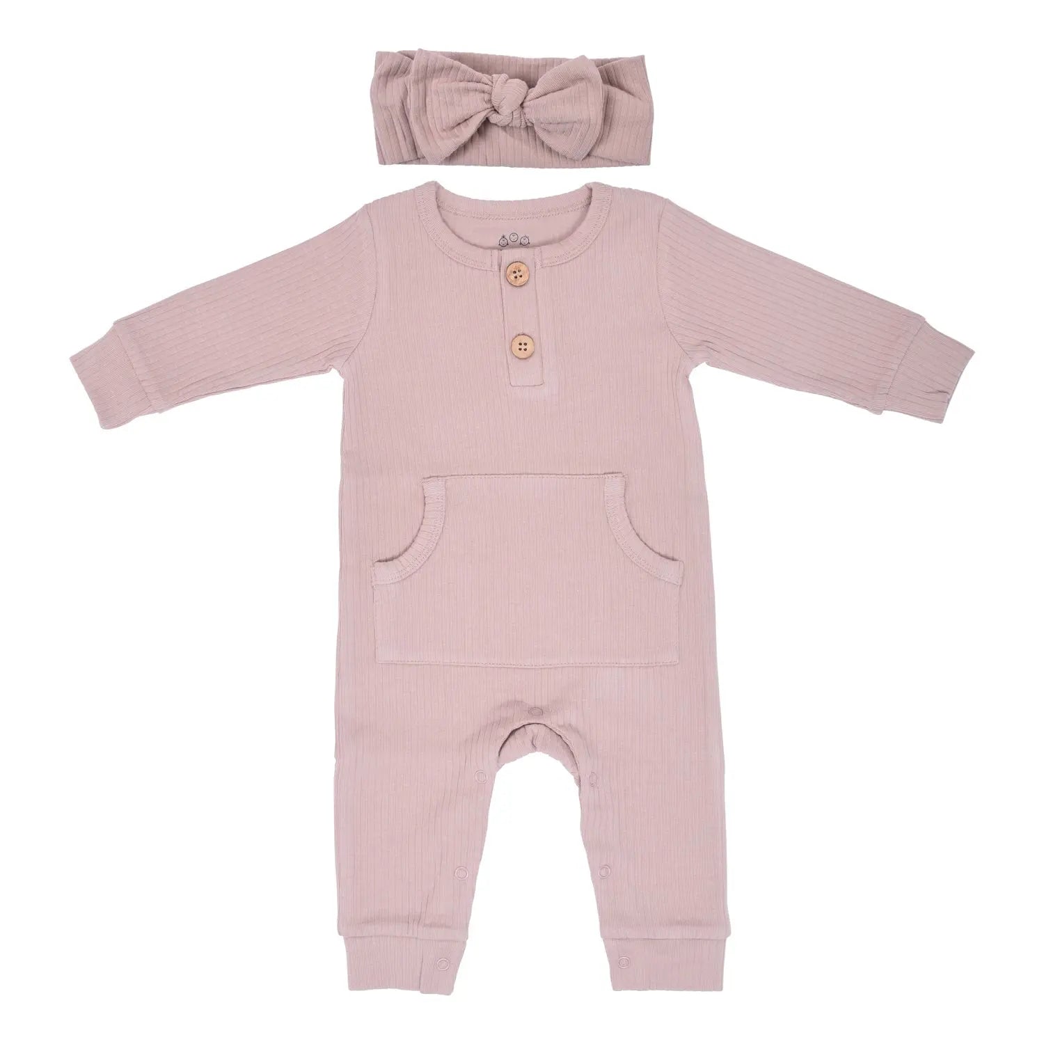 Mauve Baby Ribbed Playsuit with pockets Three Little Tots