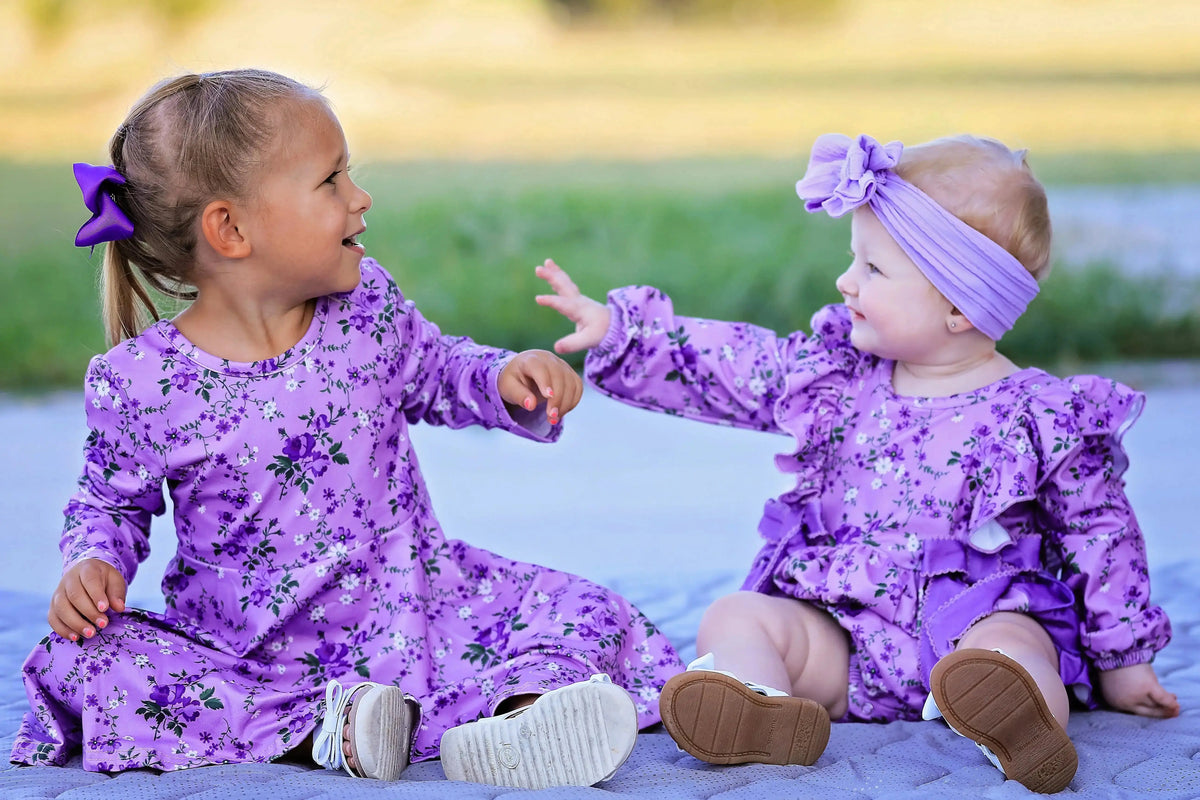 Fall Lavender Floral Print Girls Long Sleeve Twirl Dress Rylee Faith Designs