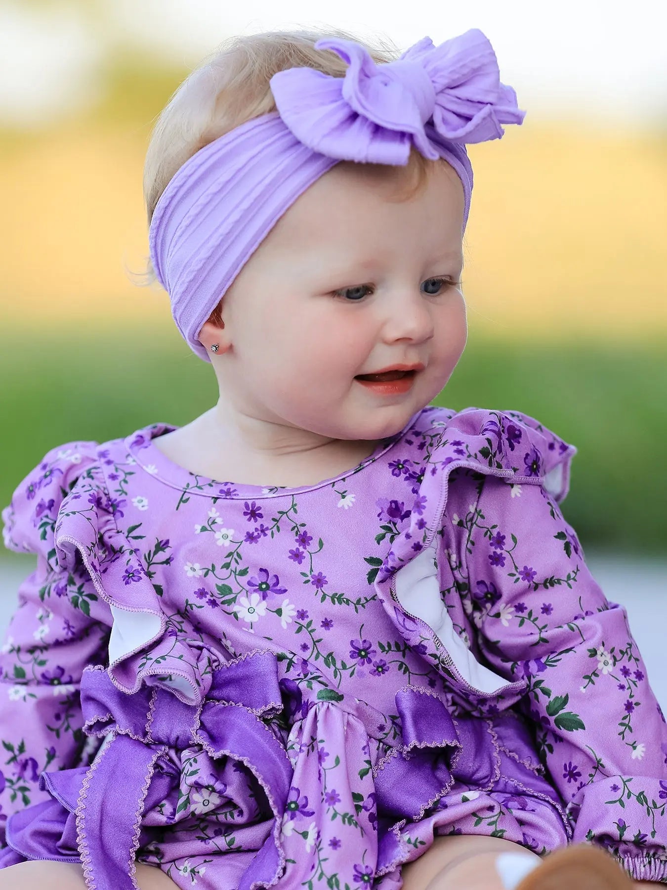 Fall Lavender Floral Print Girls Long Sleeve Romper