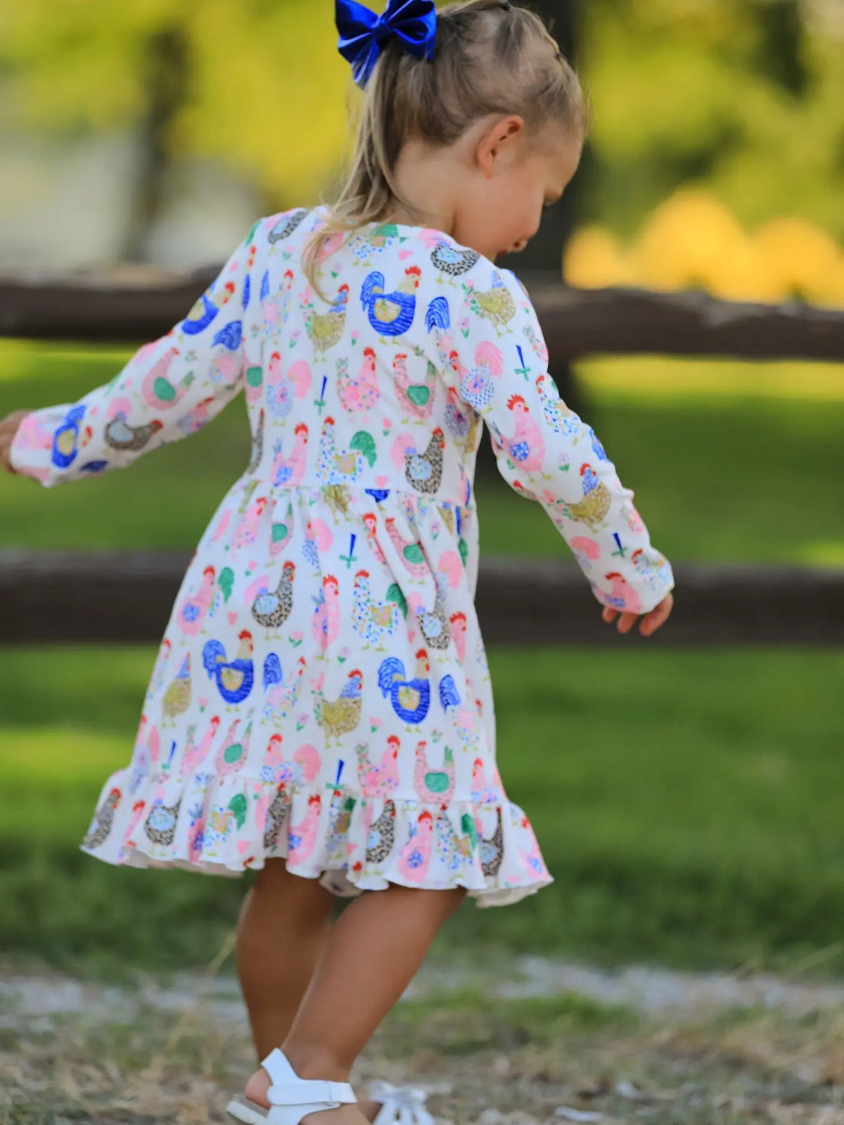 Fall Farm Chicken Print Girls Ruffle Hem Twirl Dress