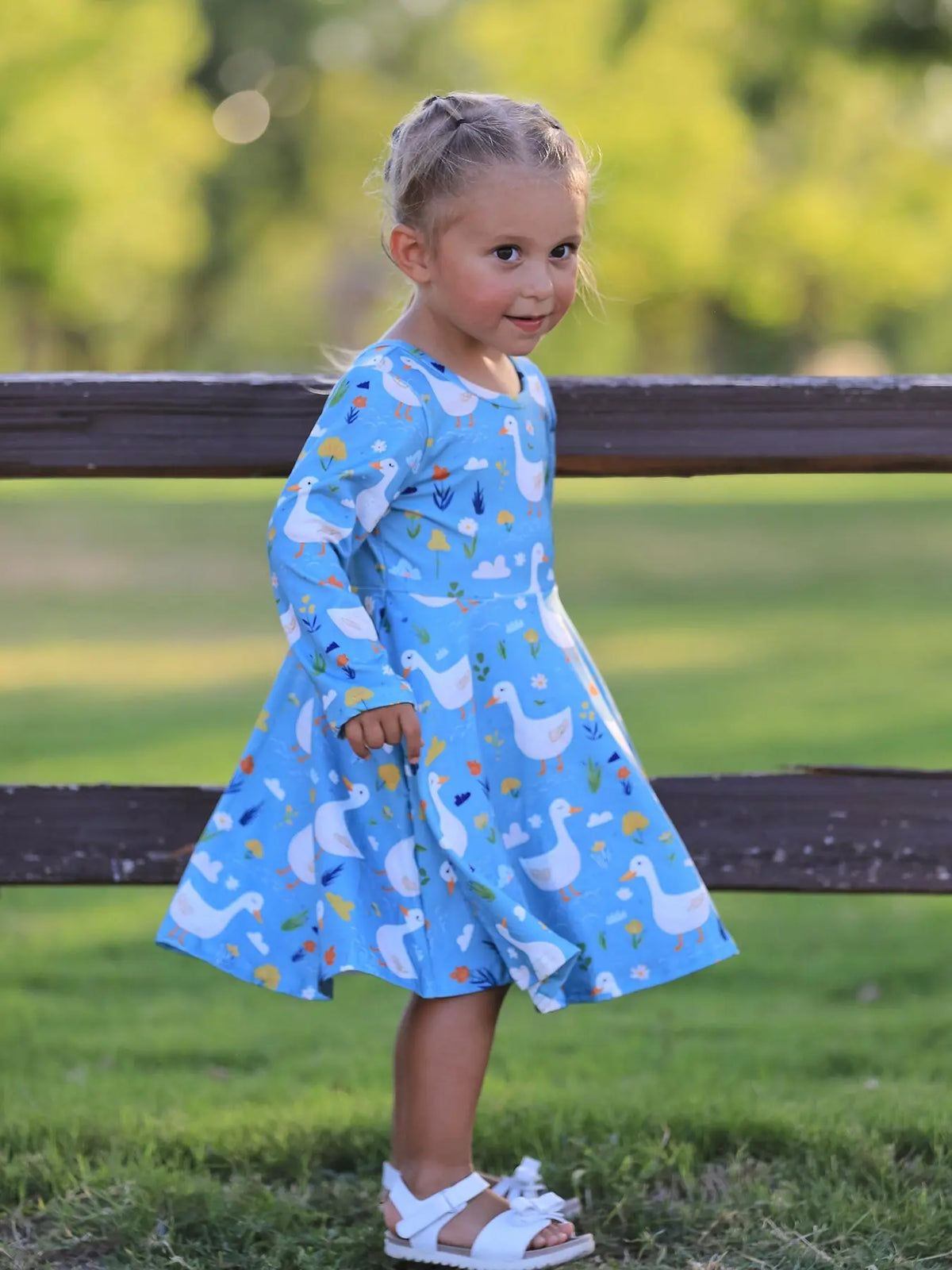 Fall Goose Print Girls Long Sleeve Twirl Dress