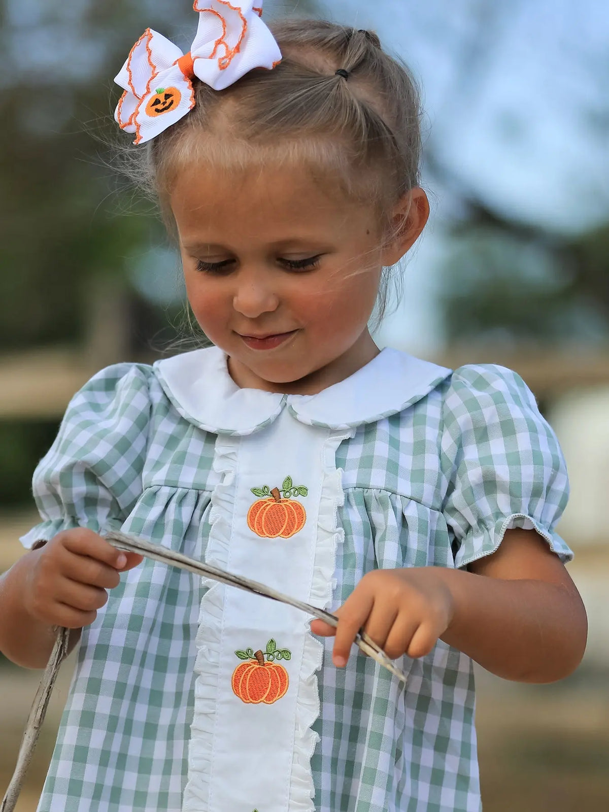 Fall Halloween & Thanksgiving Pumpkin Applique Plaid Green Girls Dress Rylee Faith Designs