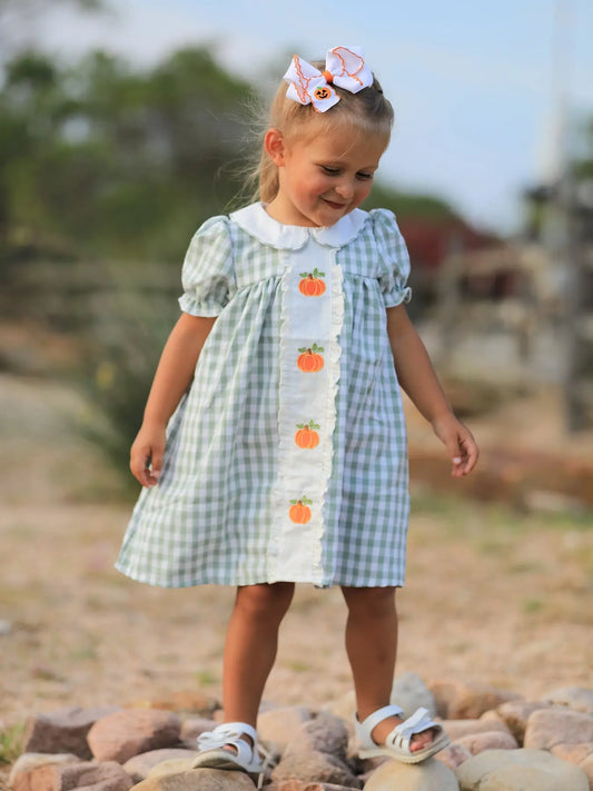 Fall Halloween & Thanksgiving Pumpkin Applique Plaid Green Girls Dress Rylee Faith Designs