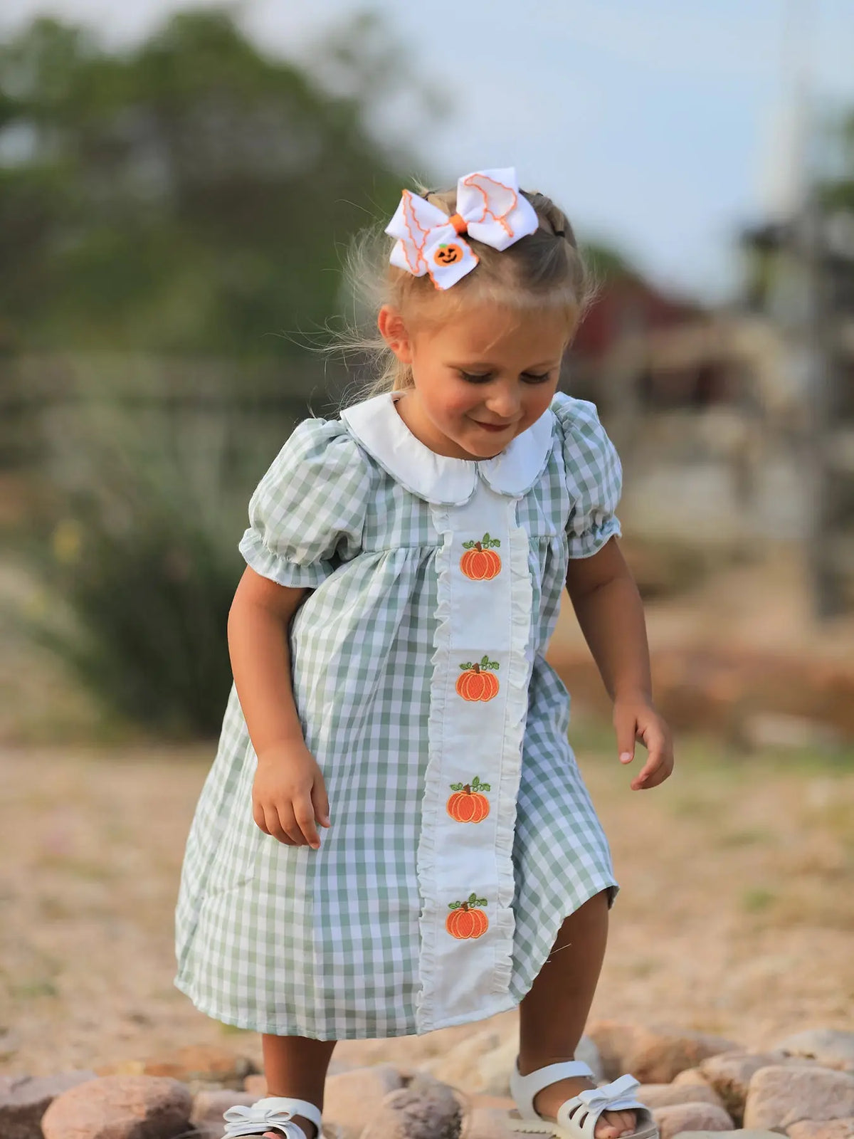 Fall Halloween & Thanksgiving Pumpkin Applique Plaid Green Girls Dress Rylee Faith Designs