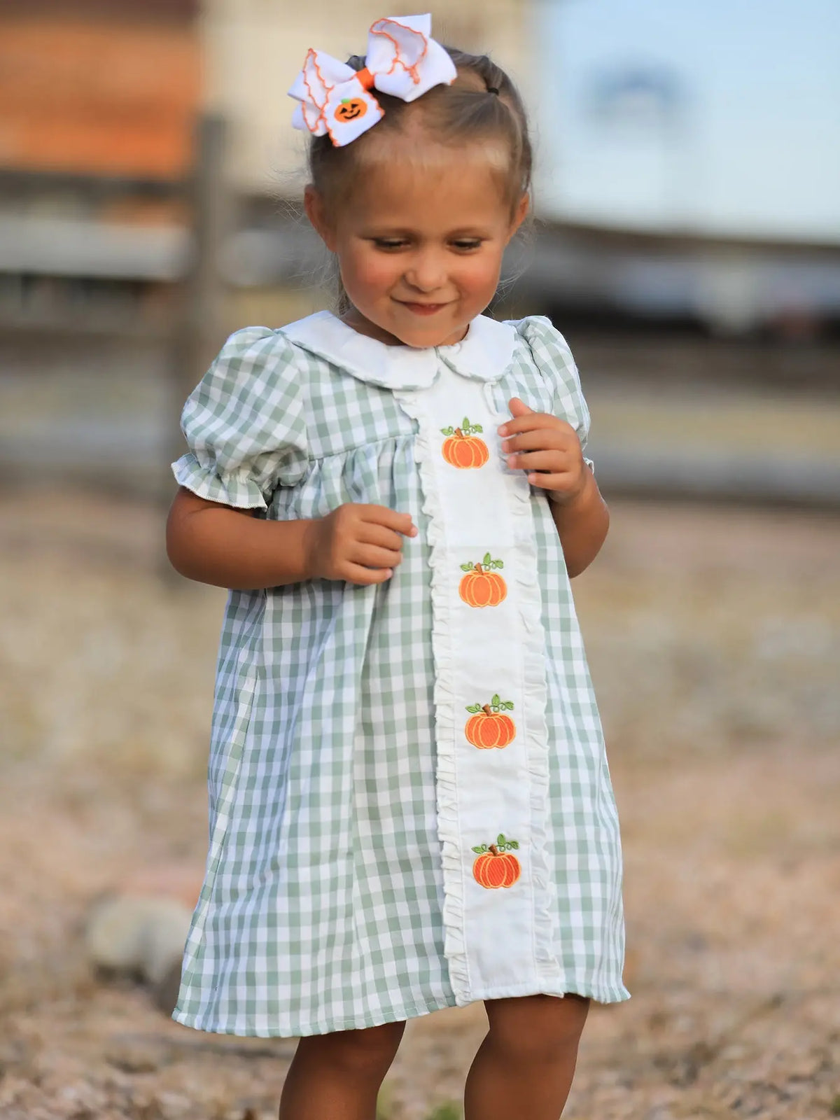 Fall Halloween & Thanksgiving Pumpkin Applique Plaid Green Girls Dress Rylee Faith Designs