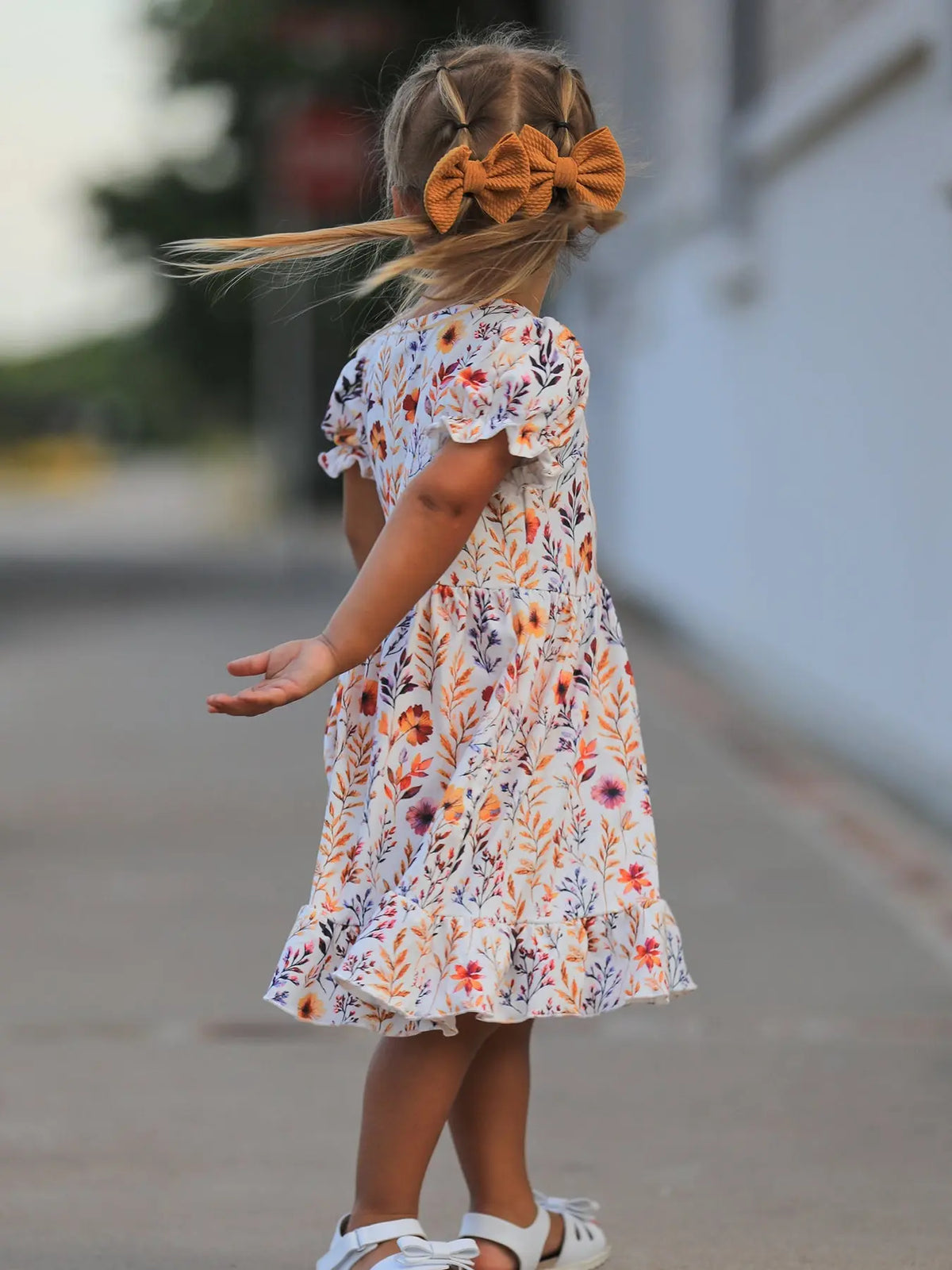 Fall Floral Puff Sleeve Ruffle Girls Dress