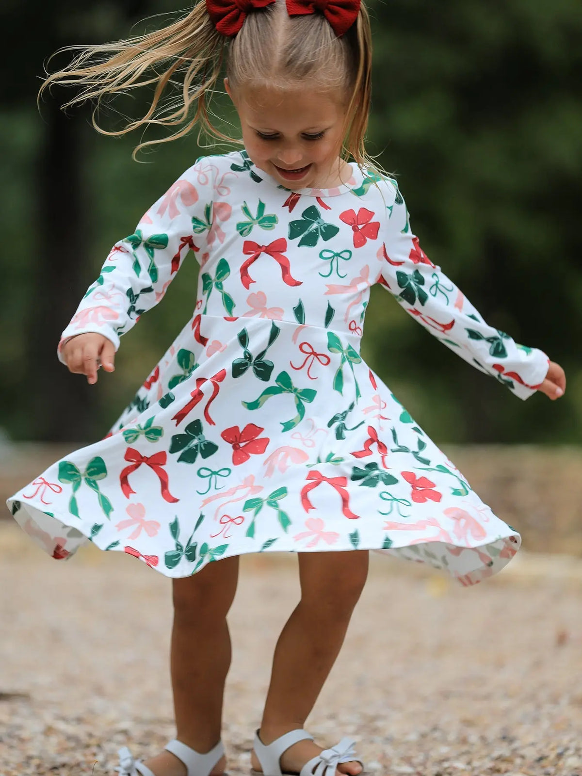 Girls Christmas Bow Print Dress