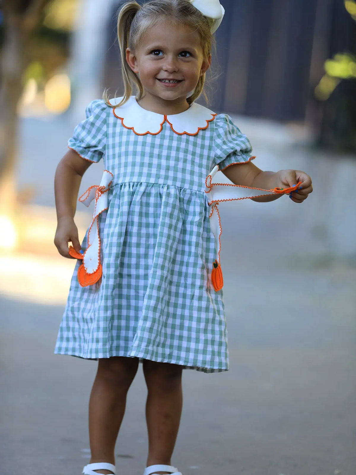 Fall Plaid Girls Dress Pumpkin Bow Smocked Peter Pan Collar Rylee Faith Designs