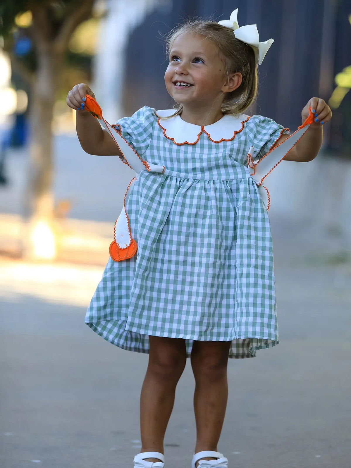 Fall Plaid Girls Dress Pumpkin Bow Smocked Peter Pan Collar Rylee Faith Designs