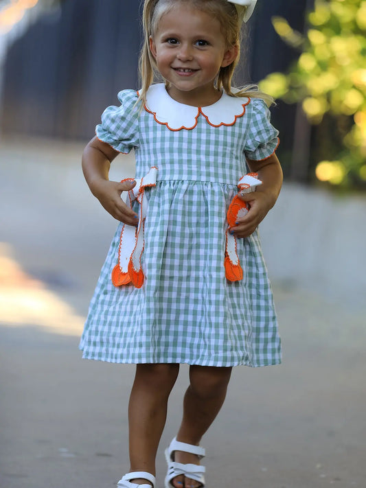 Fall Plaid Girls Dress Pumpkin Bow Smocked Peter Pan Collar Rylee Faith Designs