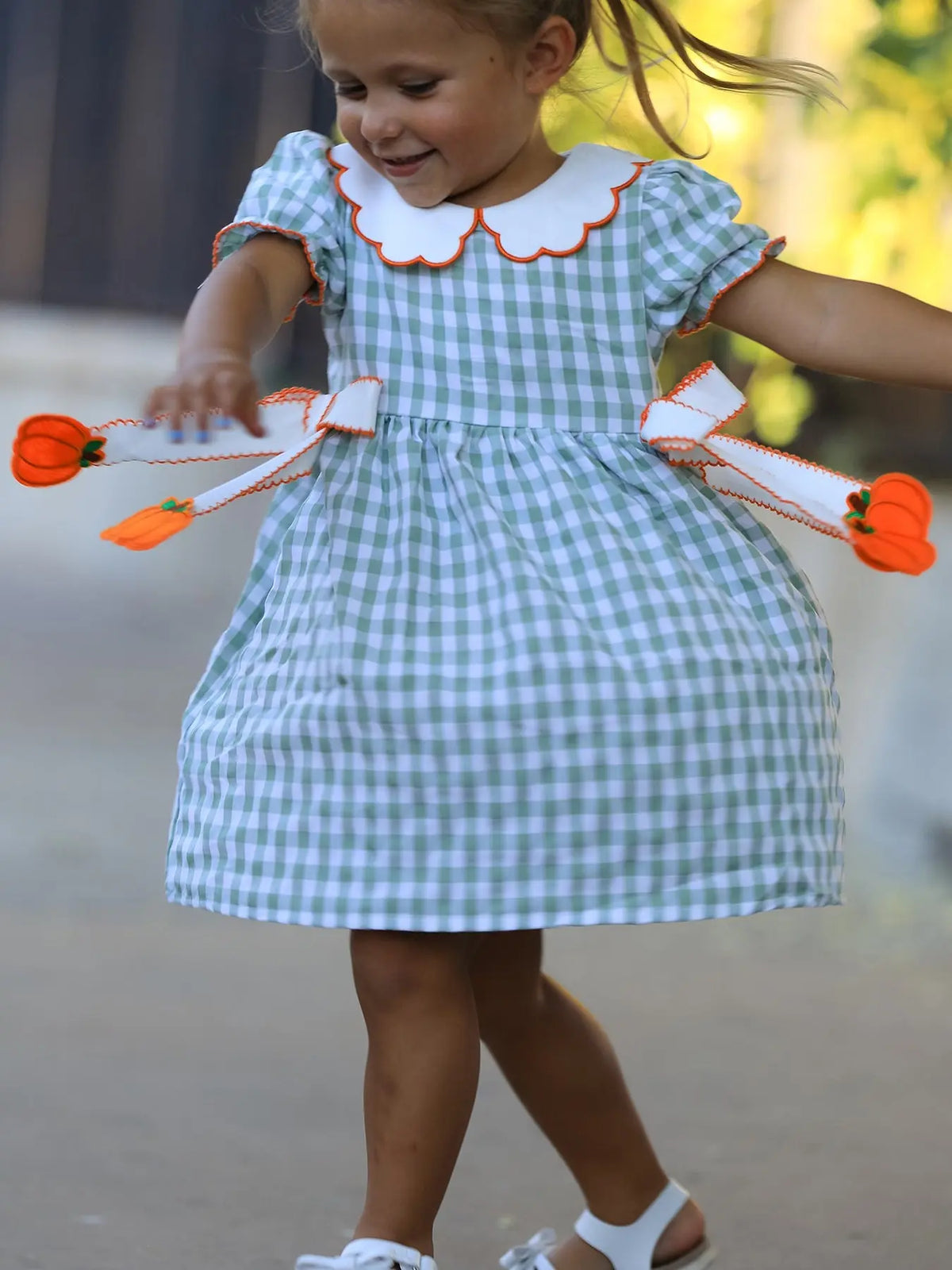 Fall Plaid Girls Dress Pumpkin Bow Smocked Peter Pan Collar Rylee Faith Designs