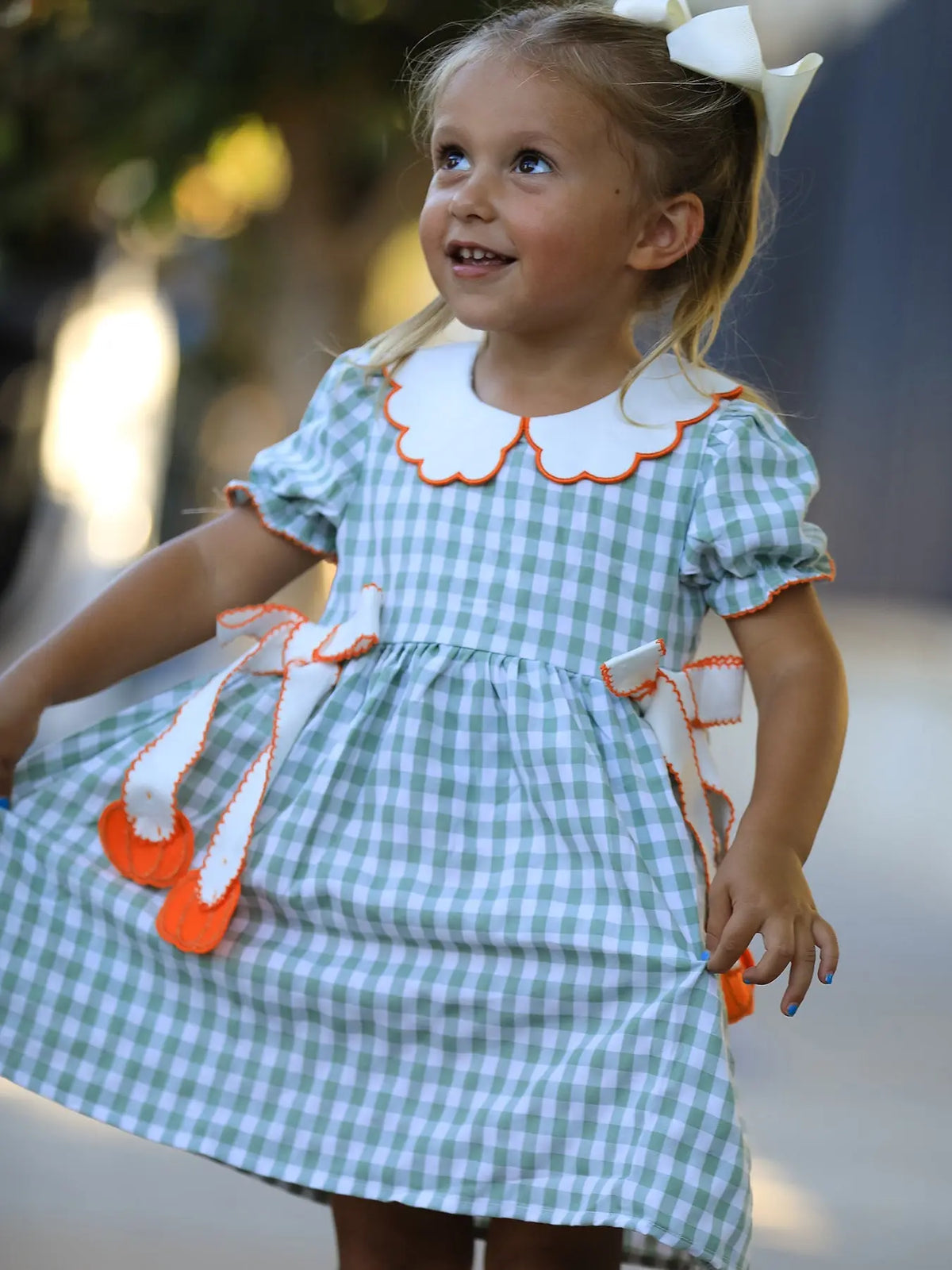 Fall Plaid Girls Dress Pumpkin Bow Smocked Peter Pan Collar Rylee Faith Designs