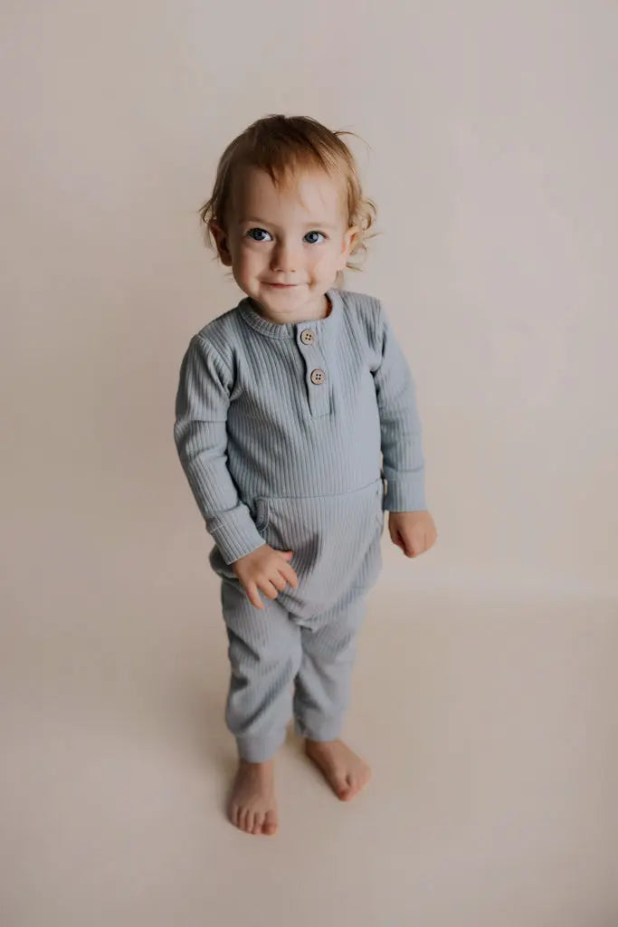 Blissful Blue Baby Ribbed Playsuit with pockets Three Little Tots