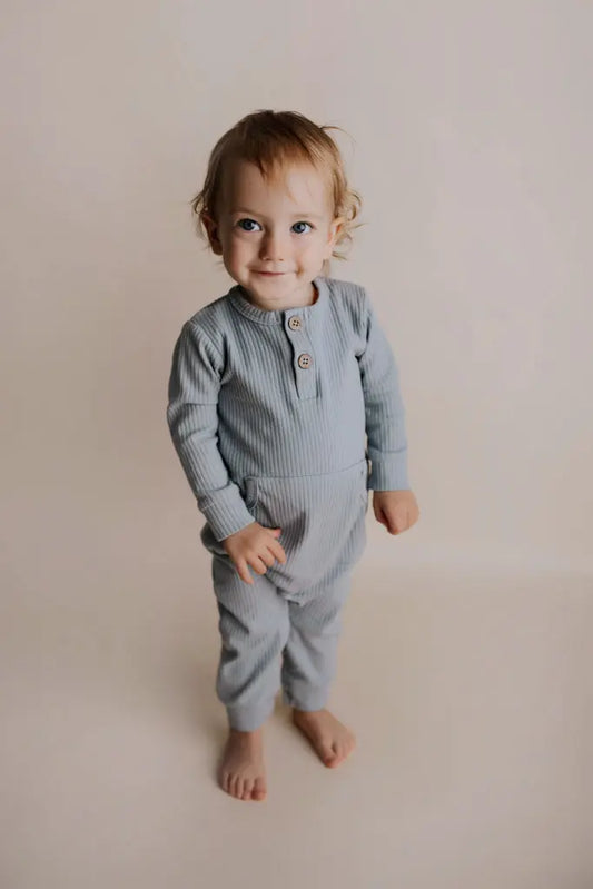 Blissful Blue Baby Ribbed Playsuit with pockets Three Little Tots