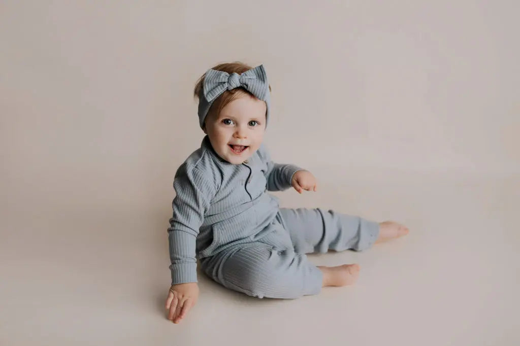Blissful Blue Baby Ribbed Playsuit with pockets Three Little Tots