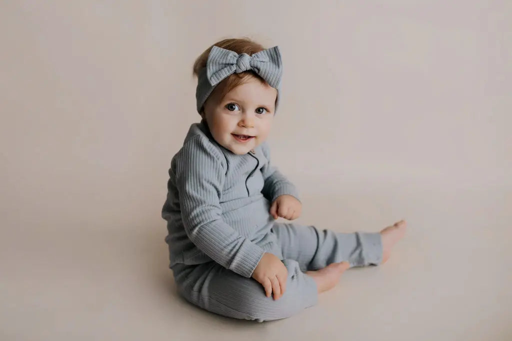 Blissful Blue Baby Ribbed Playsuit with pockets Three Little Tots