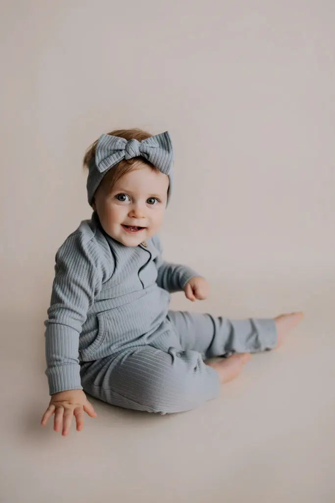 Blissful Blue Baby Ribbed Playsuit with pockets Three Little Tots