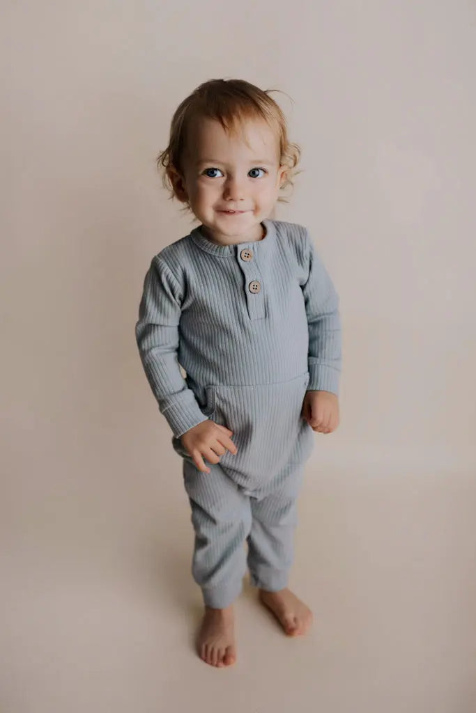 Blissful Blue Baby Ribbed Playsuit with pockets Three Little Tots