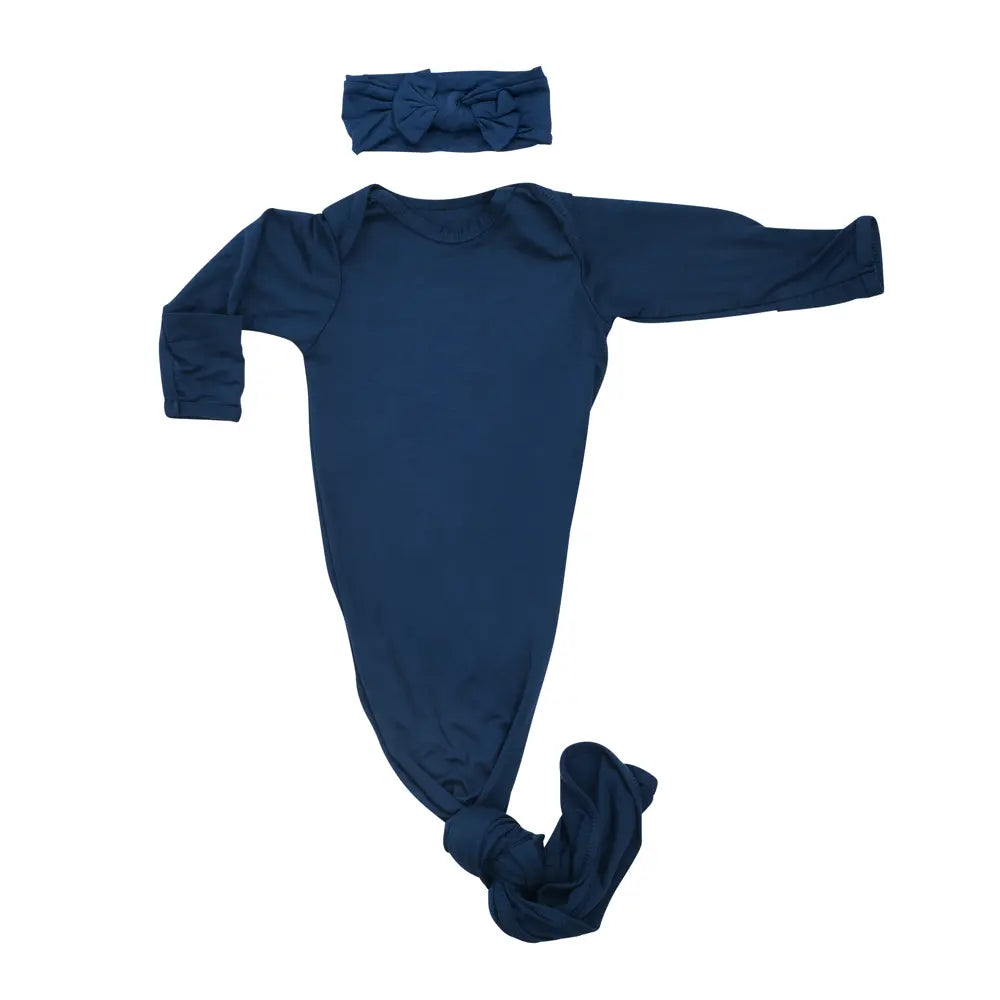Navy Blue Knotted Newborn Baby Gown Three Little Tots