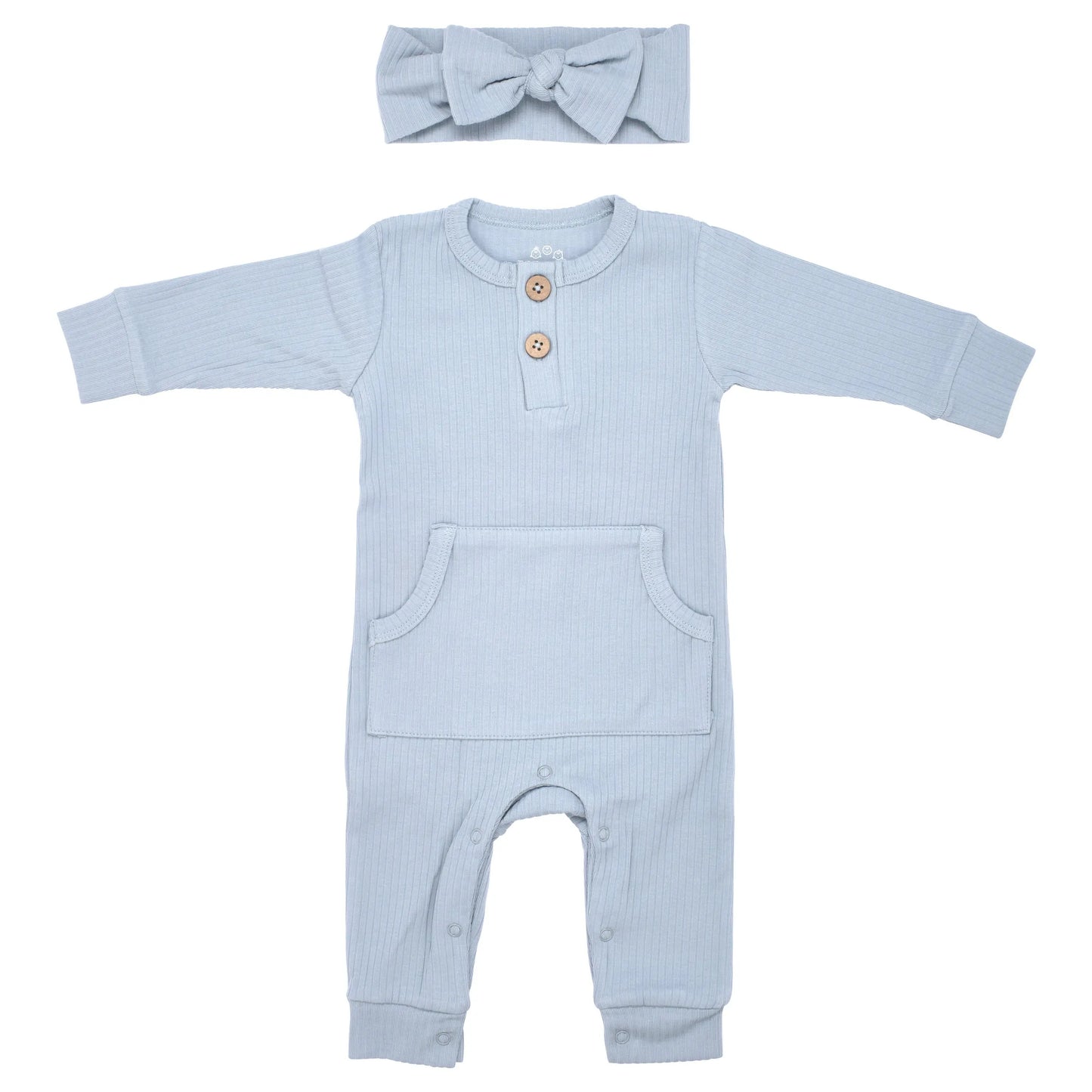 Blissful Blue Baby Ribbed Playsuit with pockets Three Little Tots