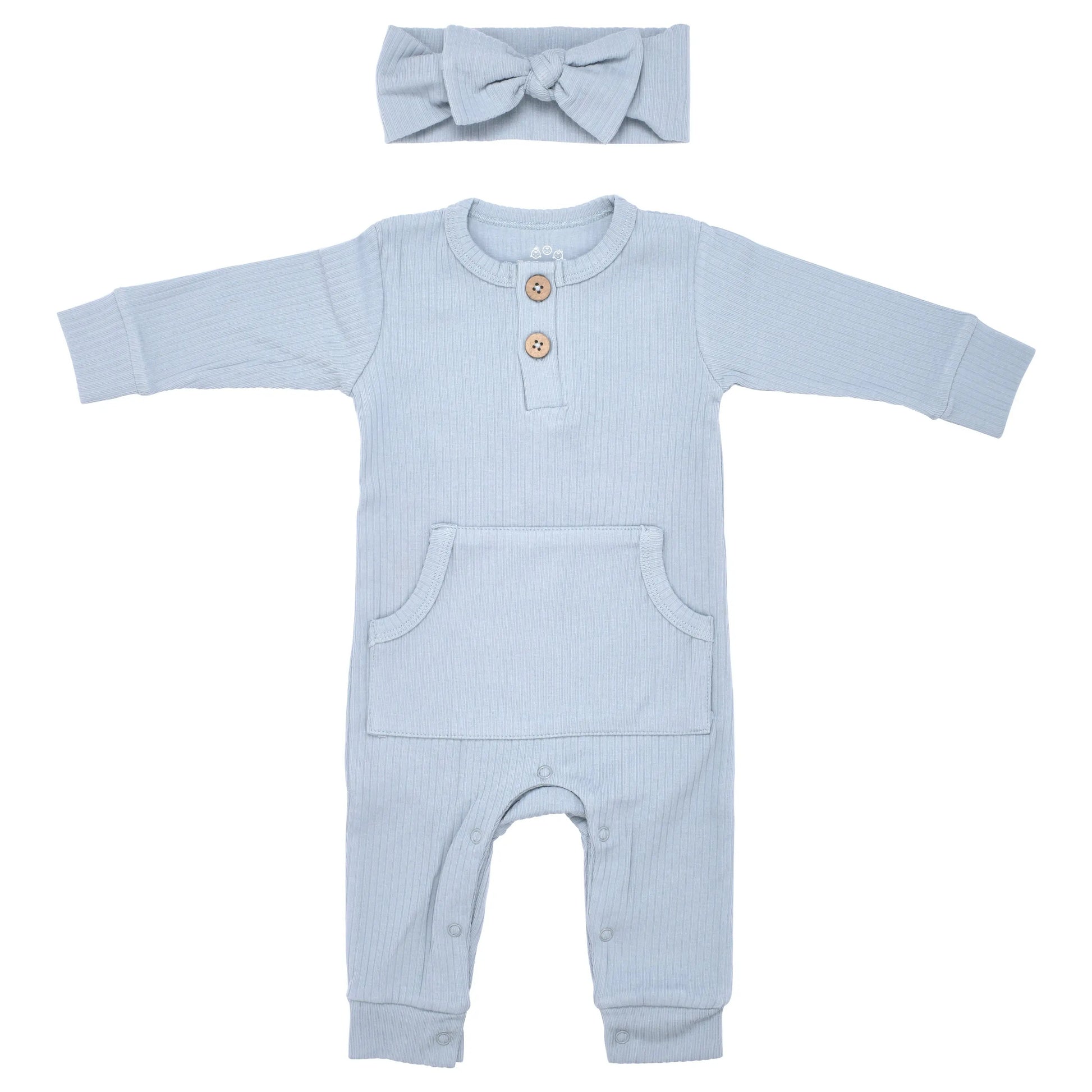Blissful Blue Baby Ribbed Playsuit with pockets Three Little Tots