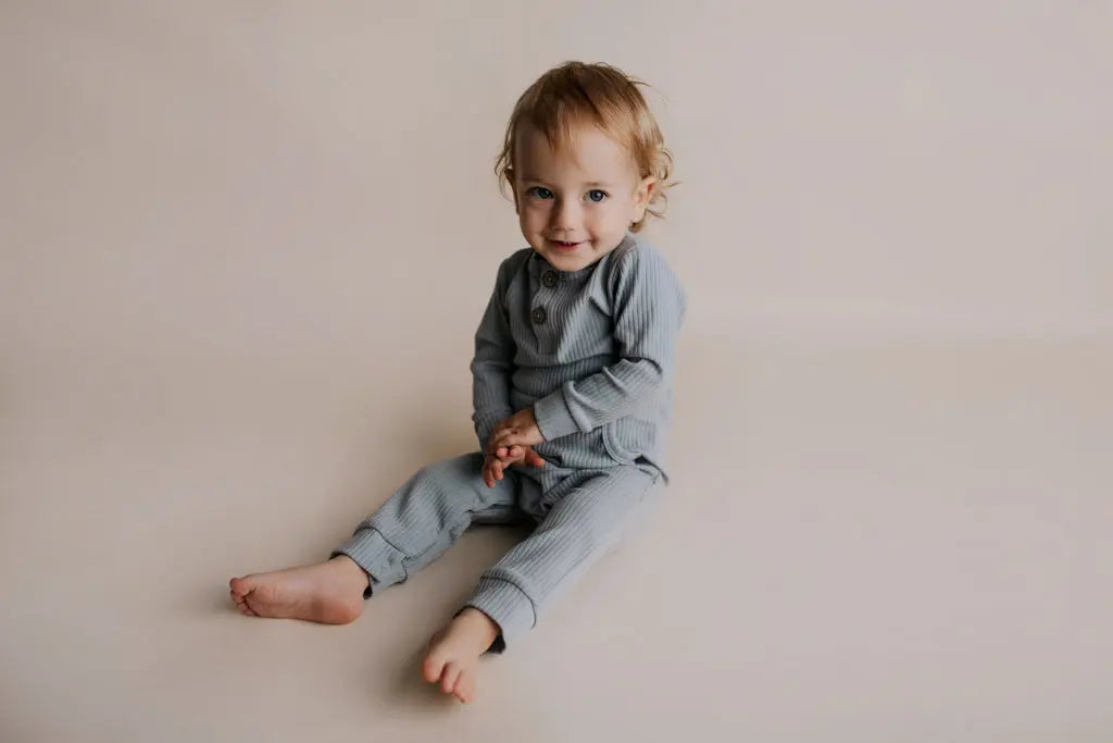 Blissful Blue Baby Ribbed Playsuit with pockets Three Little Tots