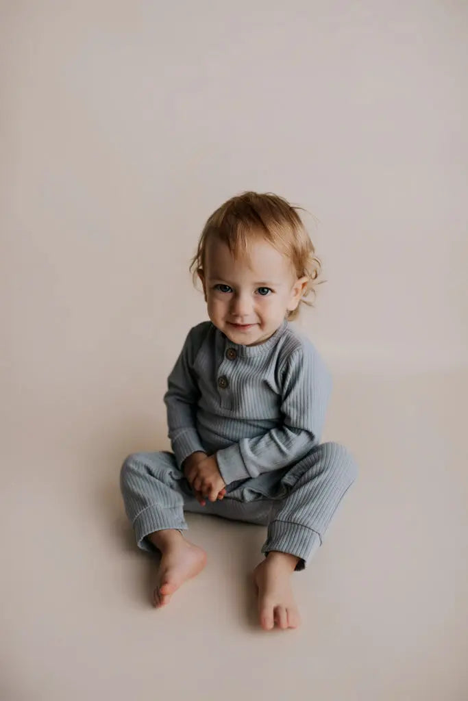 Blissful Blue Baby Ribbed Playsuit with pockets Three Little Tots