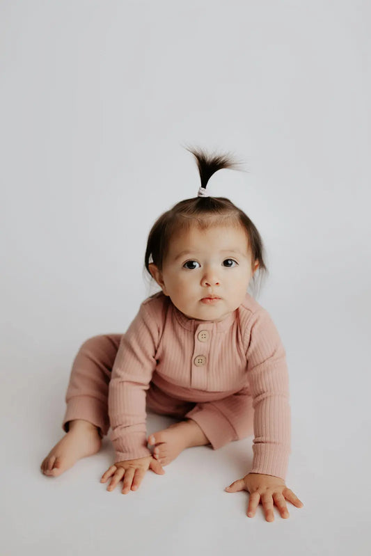 Dusty Rose Pink Baby Ribbed Playsuit with pockets Three Little Tots