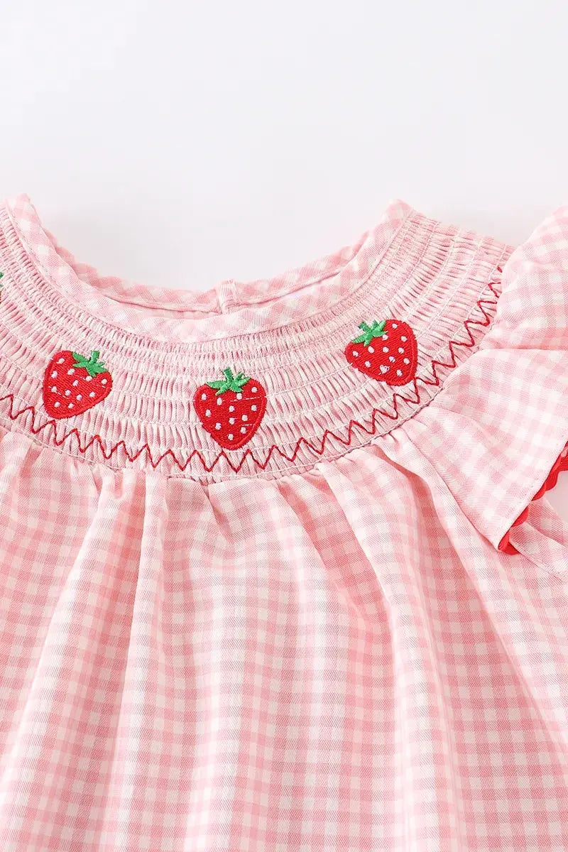 Vestido Smocked a Cuadros con Bordado de Fresa para Bebés Niñas