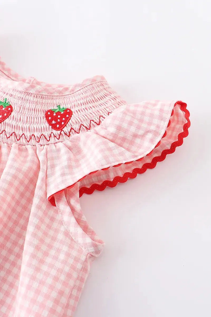 Vestido Smocked a Cuadros con Bordado de Fresa para Bebés Niñas