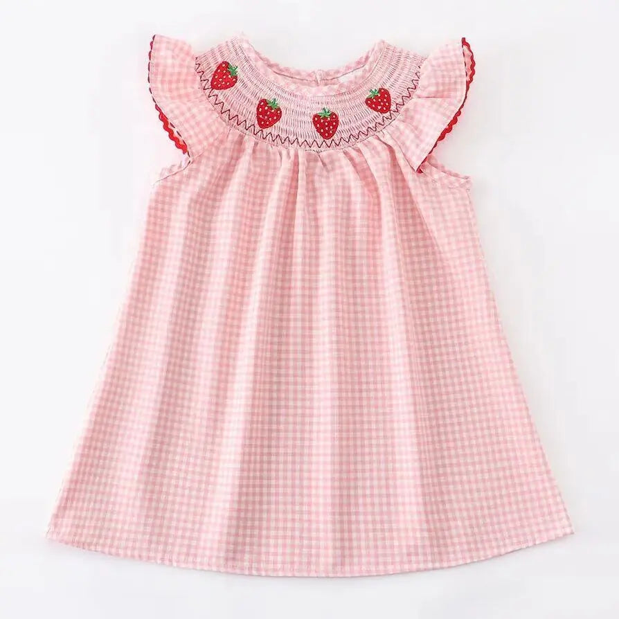 Vestido Smocked a Cuadros con Bordado de Fresa para Bebés Niñas