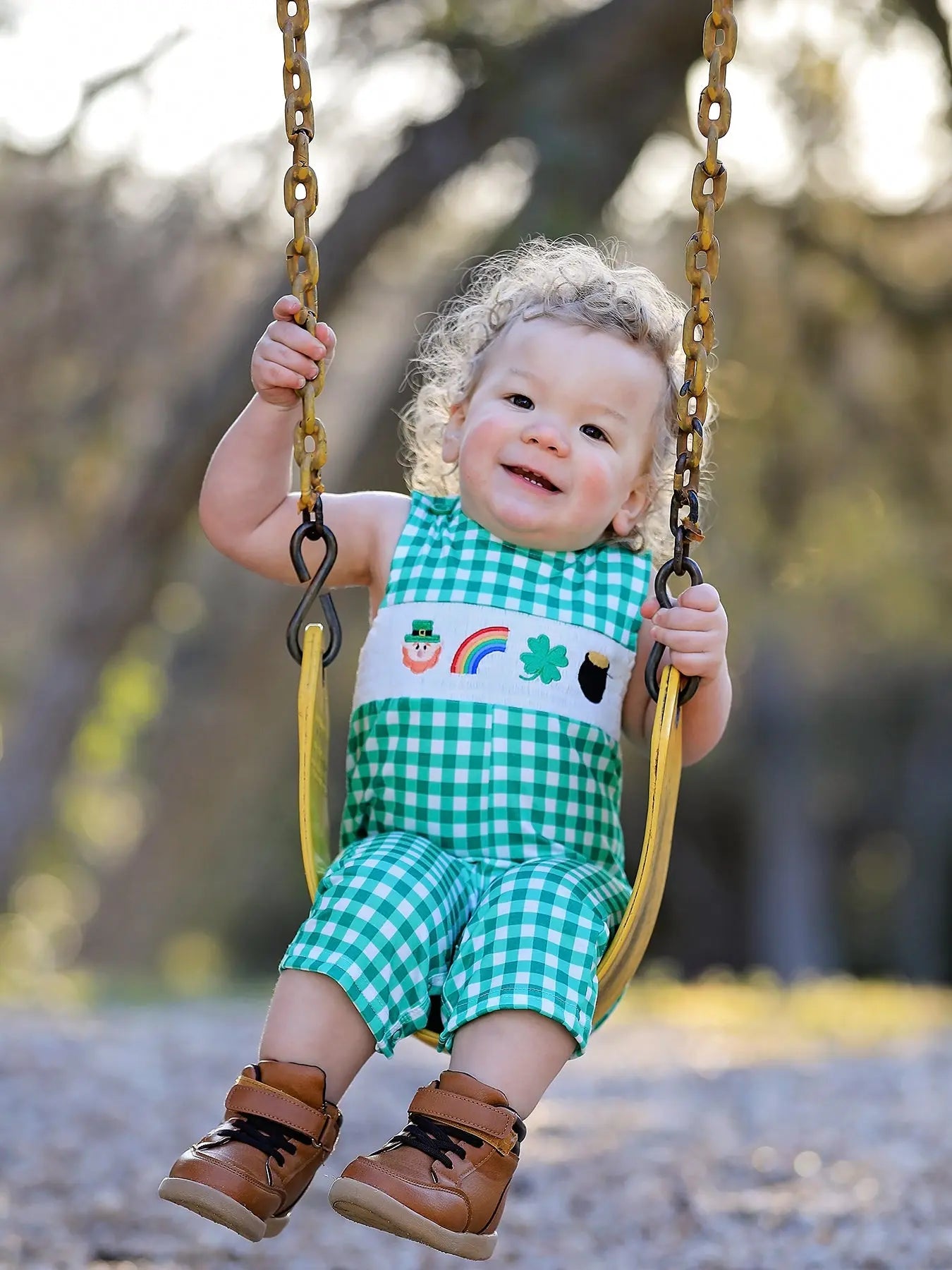 St. Patrick's Day  shamrock Smocking Embroidered Green Plaid Boys' Romper Rylee Faith Designs