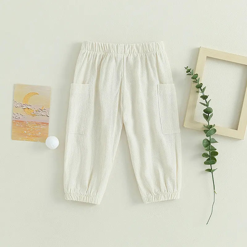 Cotton Linen Casual Baby Pants Toddler Boys Girls Casual Bottom Summer Autumn Solid Drawstring Button Children Pockets Trousers