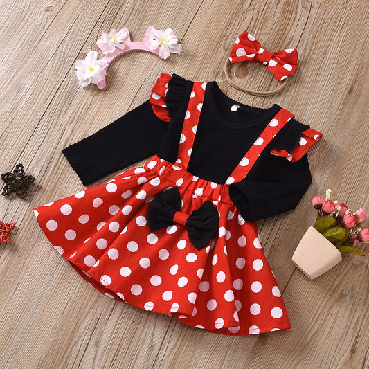 Toddler girl Christmas outfit set – long-sleeve ruffle dot-print top, suspender skirt, and matching headband