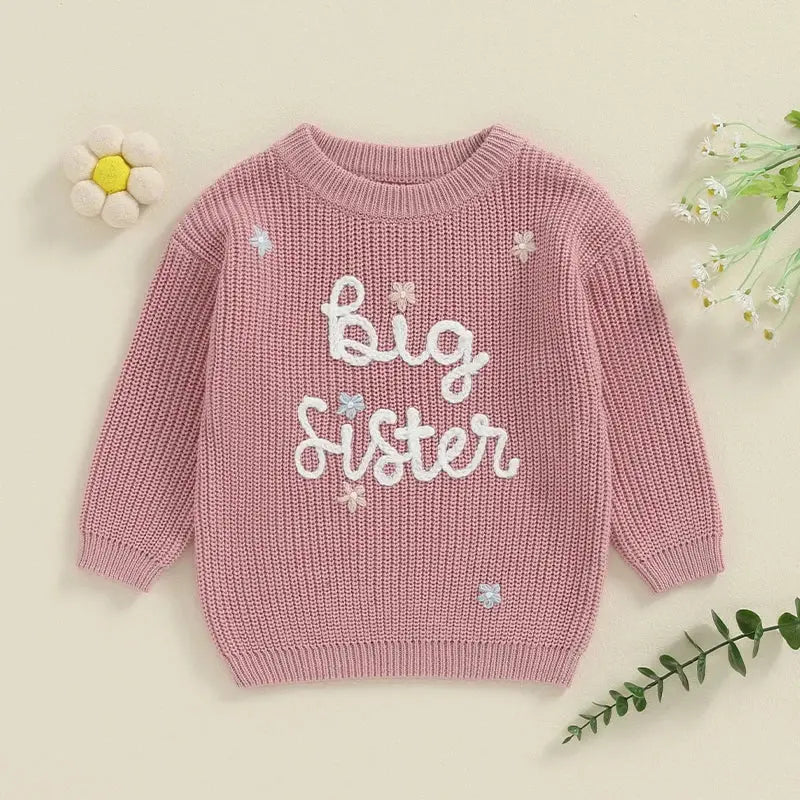 Big Sister Sweaters Cute Long Sleeve Letter Embroidery Knit Pullover Toddler Loose Tops