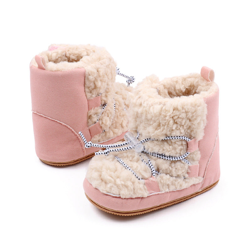 Pudcoco Newborn Girls Snow Boots Coral Fleece Winter Cute Ankle Boots Warm Baby Walking Shoes for Toddler Infant
