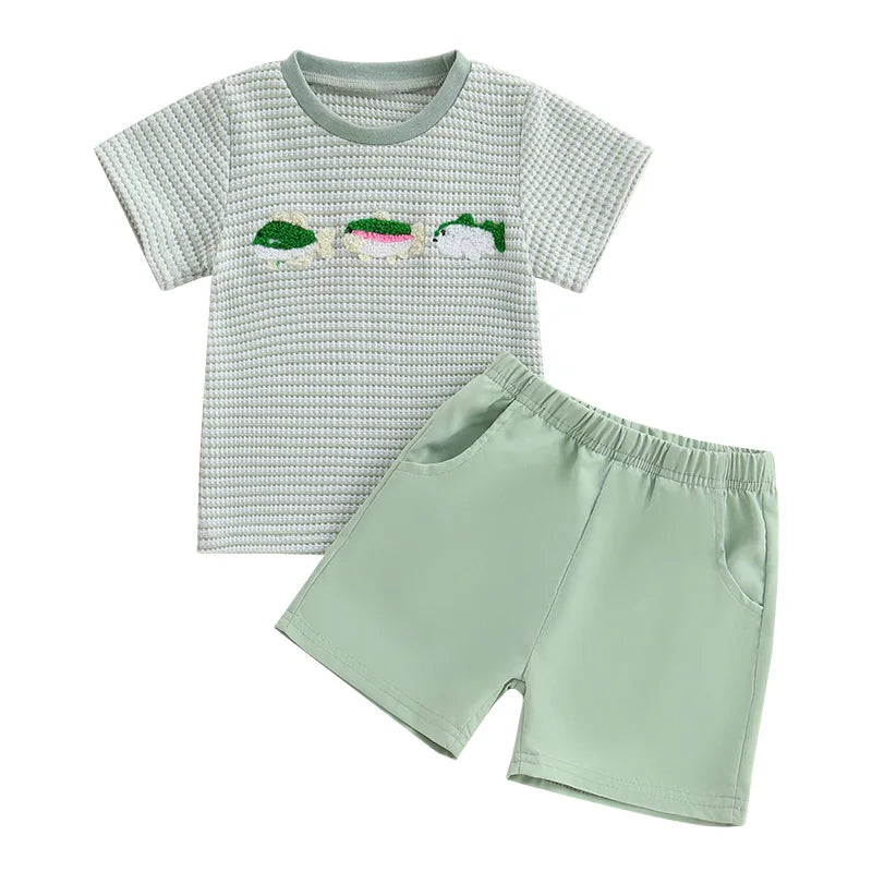 Lioraitiin Toddler Baby Boy Summer Set – Fish/Duck Embroidery Shirt + Shorts